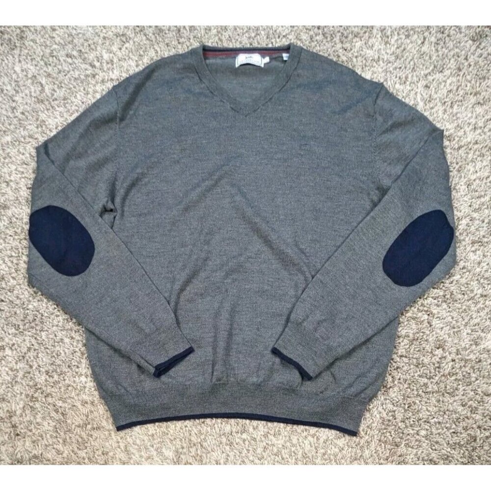 Southern Tide Sweater Mens Large Grey Gray V-Neck Merino Wool Blend Elbow Patch